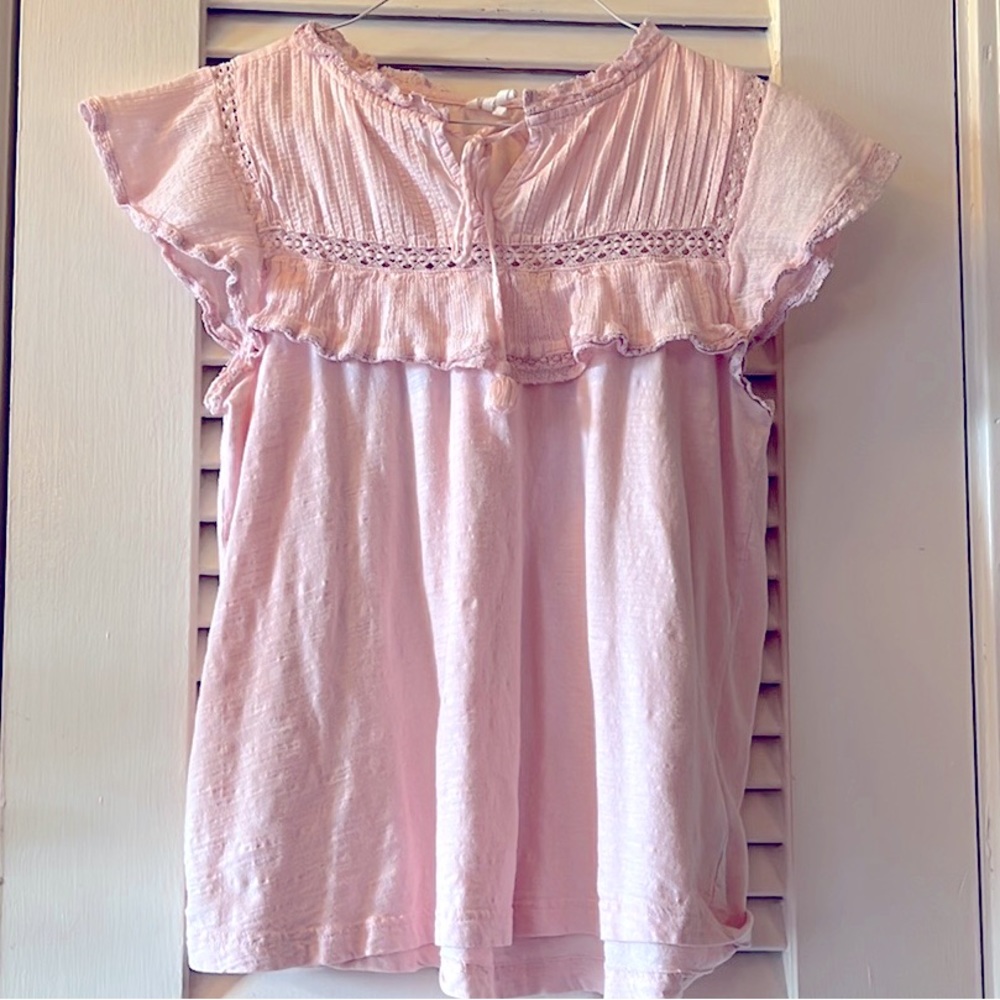 ANTHROPOLOGIE Light Pink Boho Peasant Blouse Cotton Shirt w/ Tassle | Small